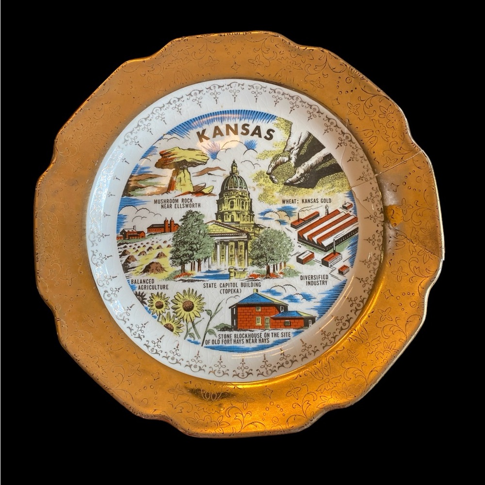 Vintage Kansas Sabin Crest-O-Gold Collector Plate 9.25" READ AS IS